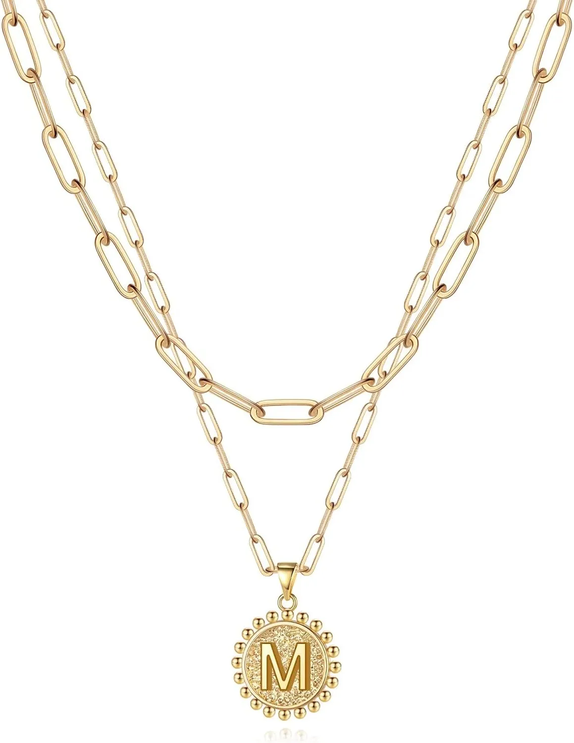 Yoosteel Gold Initial Necklaces for Women, 14K Gold Plated Dainty Layering Paperclip Link Chain Necklace Coin Initial Layered Necklaces for Women Personalized Birthday Gifts
