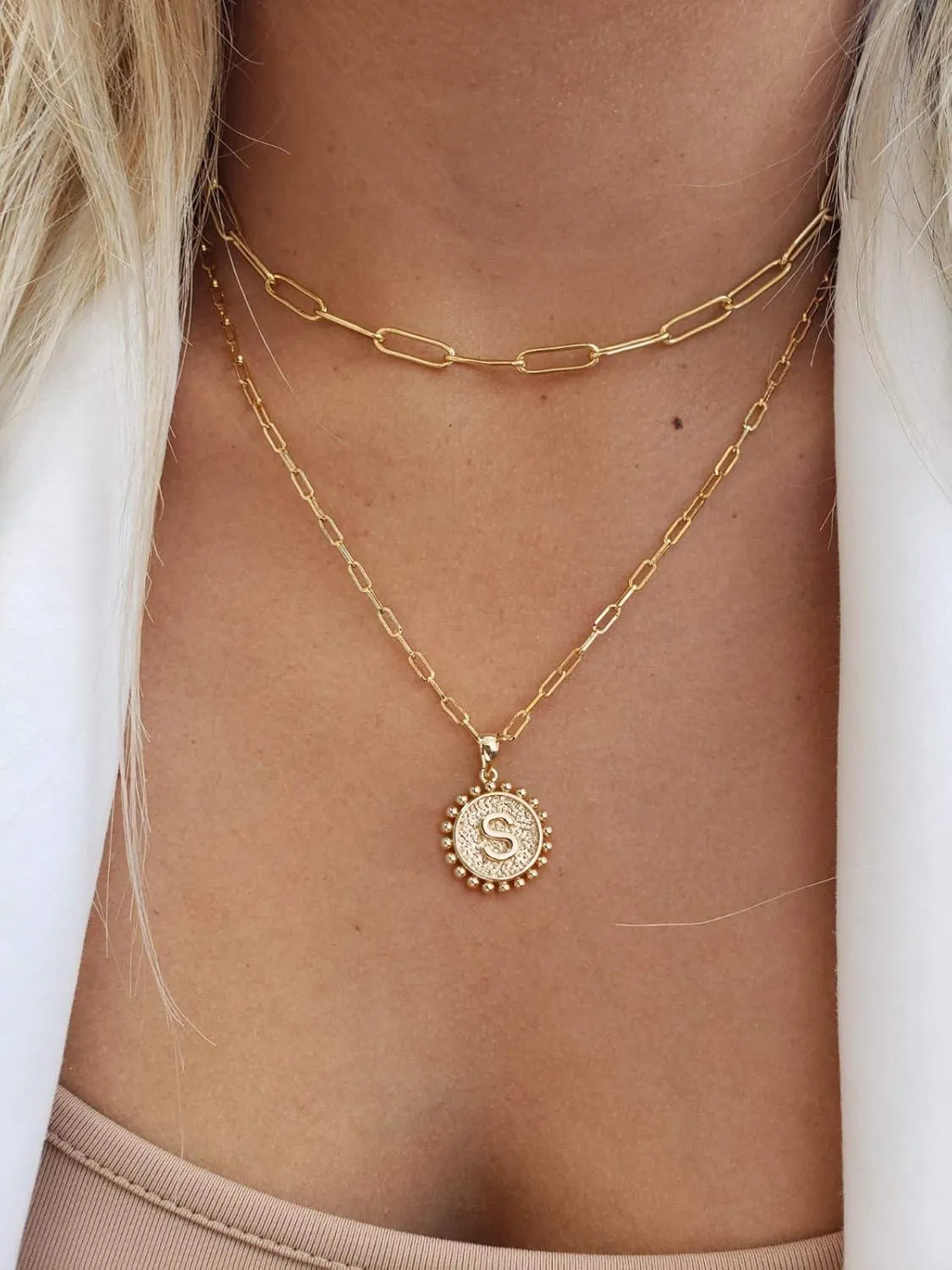 Yoosteel Gold Initial Necklaces for Women, 14K Gold Plated Dainty Layering Paperclip Link Chain Necklace Coin Initial Layered Necklaces for Women Personalized Birthday Gifts