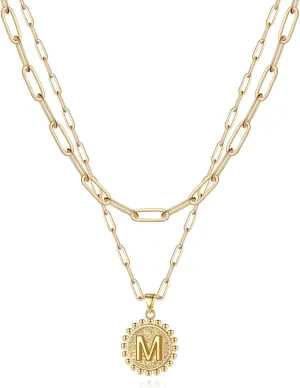 Yoosteel Gold Initial Necklaces for Women, 14K Gold Plated Dainty Layering Paperclip Link Chain Necklace Coin Initial Layered Necklaces for Women Personalized Birthday Gifts