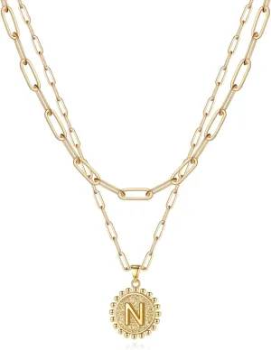 Yoosteel Gold Initial Necklaces for Women, 14K Gold Plated Dainty Layering Paperclip Link Chain Necklace Coin Initial Layered Necklaces for Women Personalized Birthday Gifts