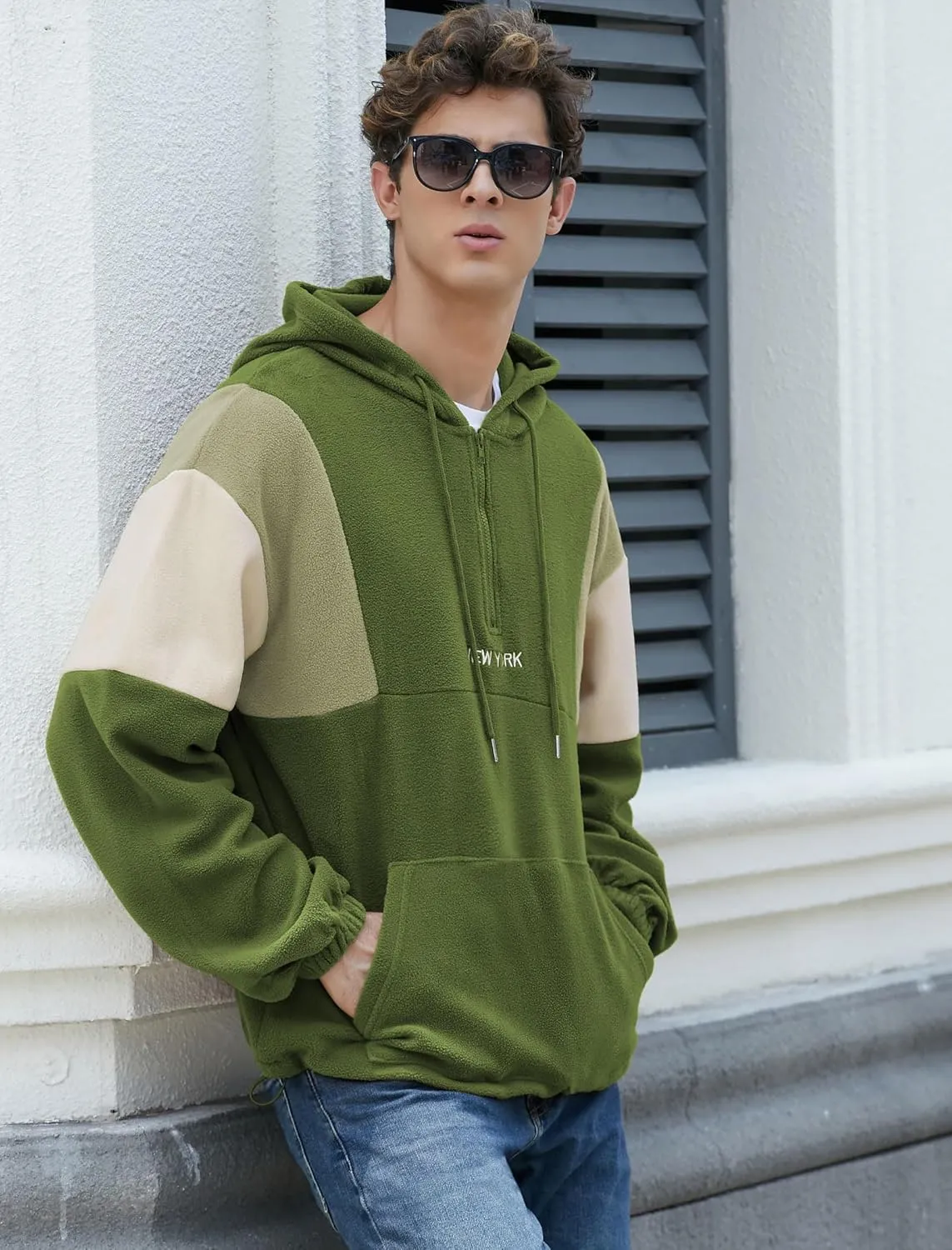 ZAFUL Men's Colorblock Sweatshirt NEW YORK Embroidery Fluffy Polar Fleece Half Zip Unisex Hooded Sweatshirt