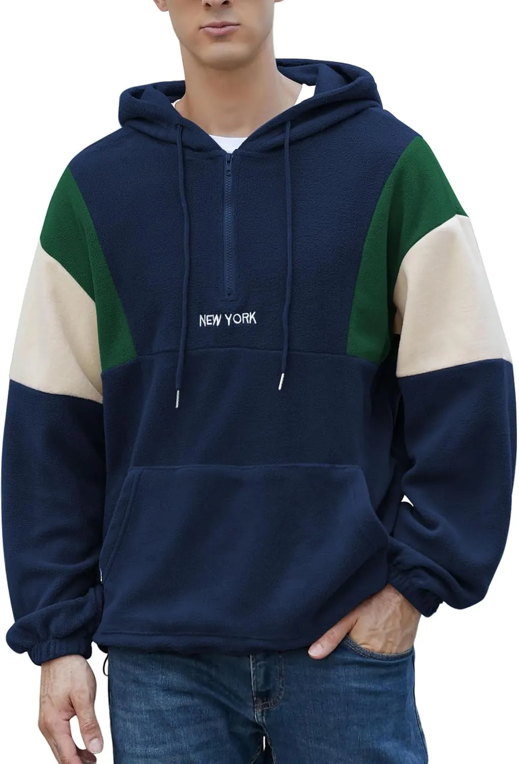 ZAFUL Men's Colorblock Sweatshirt NEW YORK Embroidery Fluffy Polar Fleece Half Zip Unisex Hooded Sweatshirt