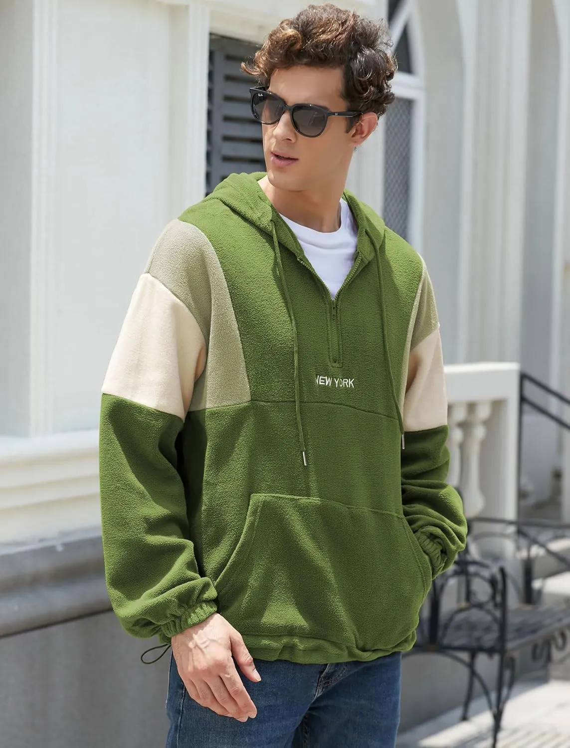 ZAFUL Men's Colorblock Sweatshirt NEW YORK Embroidery Fluffy Polar Fleece Half Zip Unisex Hooded Sweatshirt