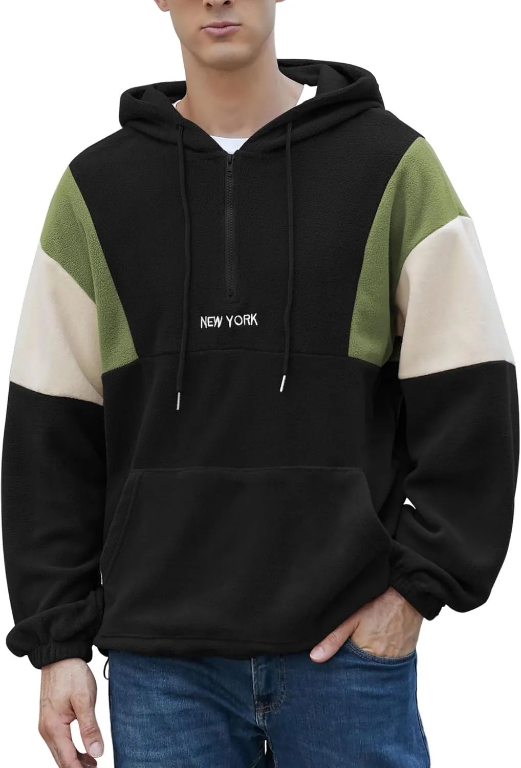 ZAFUL Men's Colorblock Sweatshirt NEW YORK Embroidery Fluffy Polar Fleece Half Zip Unisex Hooded Sweatshirt