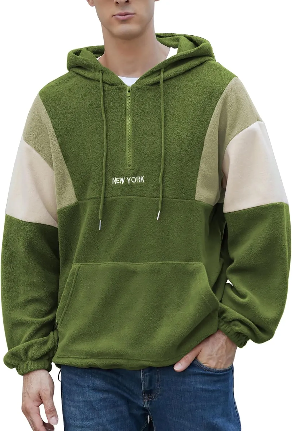 ZAFUL Men's Colorblock Sweatshirt NEW YORK Embroidery Fluffy Polar Fleece Half Zip Unisex Hooded Sweatshirt