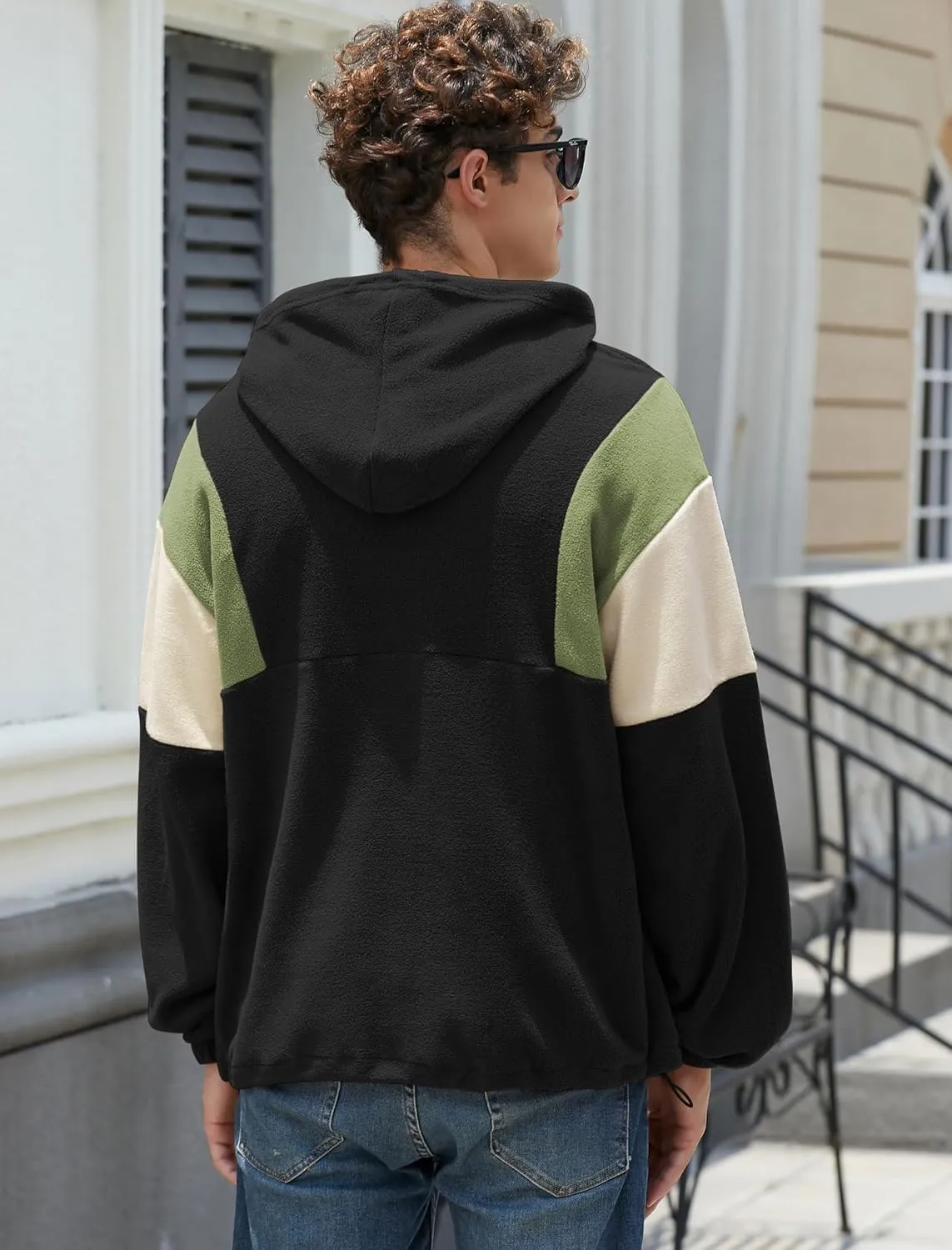ZAFUL Men's Colorblock Sweatshirt NEW YORK Embroidery Fluffy Polar Fleece Half Zip Unisex Hooded Sweatshirt