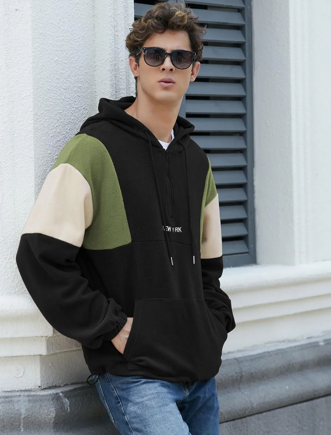 ZAFUL Men's Colorblock Sweatshirt NEW YORK Embroidery Fluffy Polar Fleece Half Zip Unisex Hooded Sweatshirt