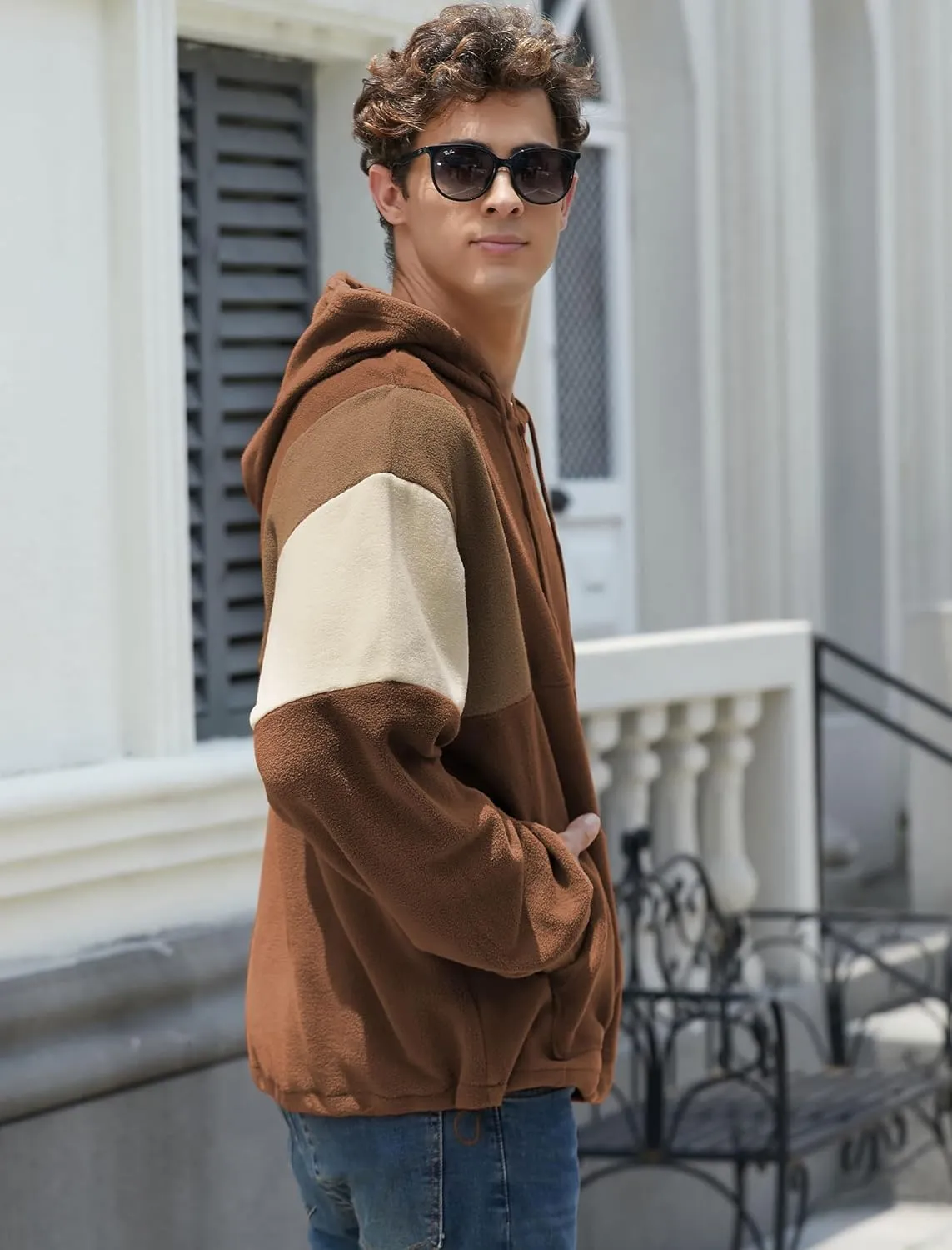 ZAFUL Men's Colorblock Sweatshirt NEW YORK Embroidery Fluffy Polar Fleece Half Zip Unisex Hooded Sweatshirt