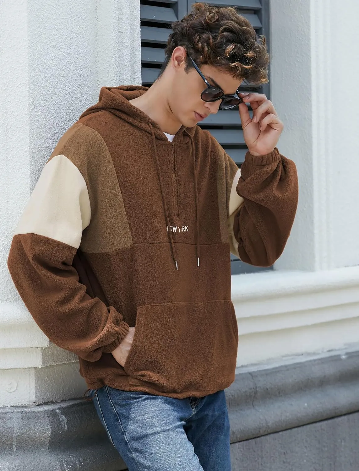 ZAFUL Men's Colorblock Sweatshirt NEW YORK Embroidery Fluffy Polar Fleece Half Zip Unisex Hooded Sweatshirt