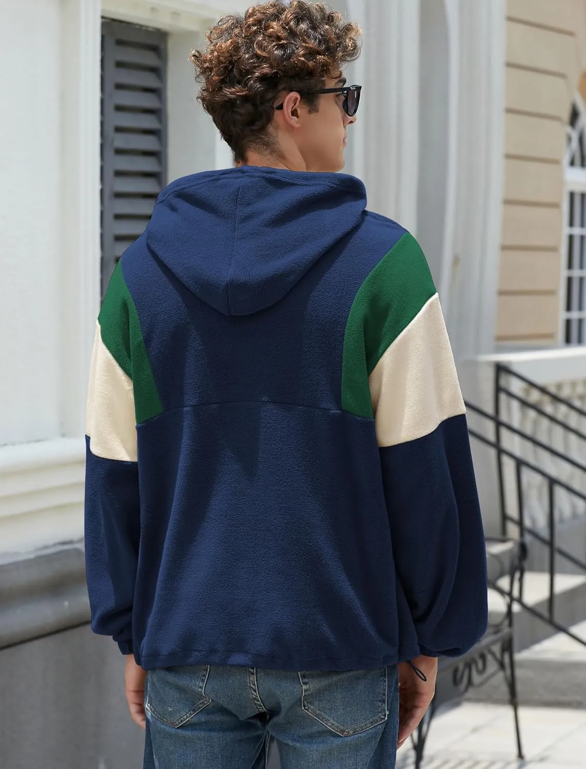 ZAFUL Men's Colorblock Sweatshirt NEW YORK Embroidery Fluffy Polar Fleece Half Zip Unisex Hooded Sweatshirt