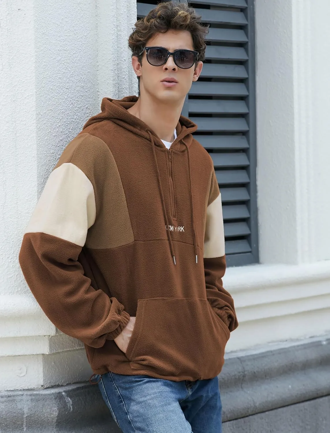 ZAFUL Men's Colorblock Sweatshirt NEW YORK Embroidery Fluffy Polar Fleece Half Zip Unisex Hooded Sweatshirt