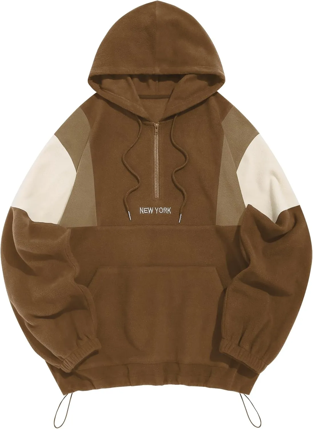 ZAFUL Men's Colorblock Sweatshirt NEW YORK Embroidery Fluffy Polar Fleece Half Zip Unisex Hooded Sweatshirt