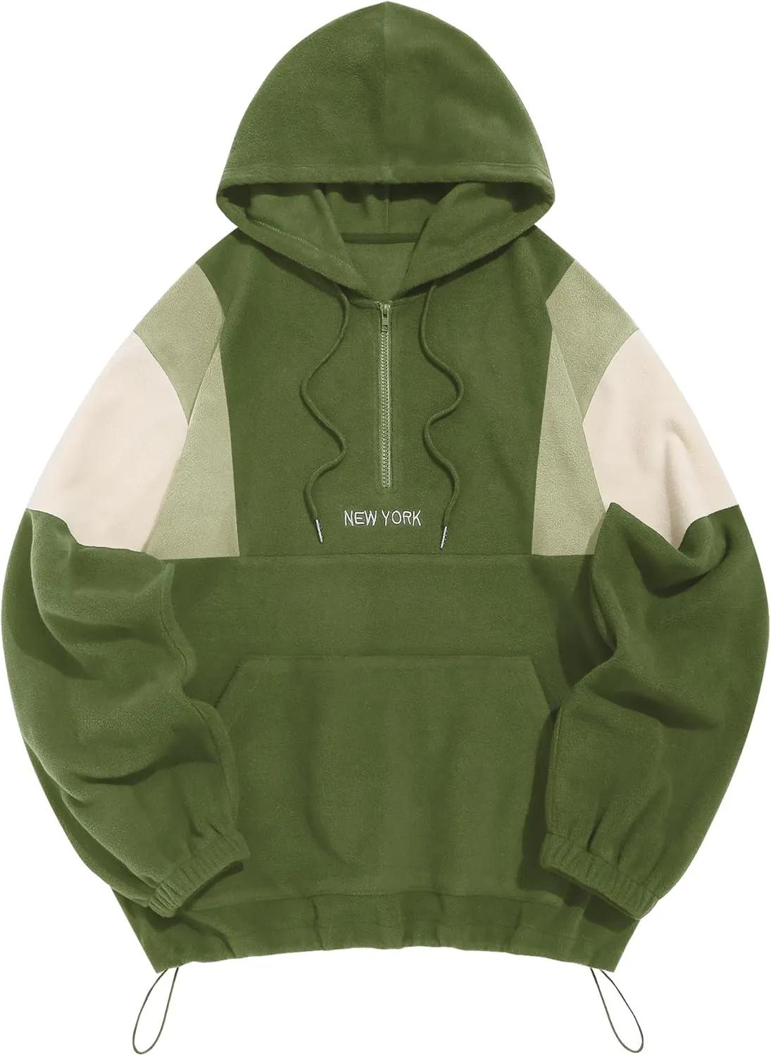 ZAFUL Men's Colorblock Sweatshirt NEW YORK Embroidery Fluffy Polar Fleece Half Zip Unisex Hooded Sweatshirt