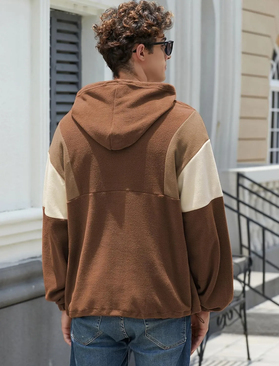 ZAFUL Men's Colorblock Sweatshirt NEW YORK Embroidery Fluffy Polar Fleece Half Zip Unisex Hooded Sweatshirt