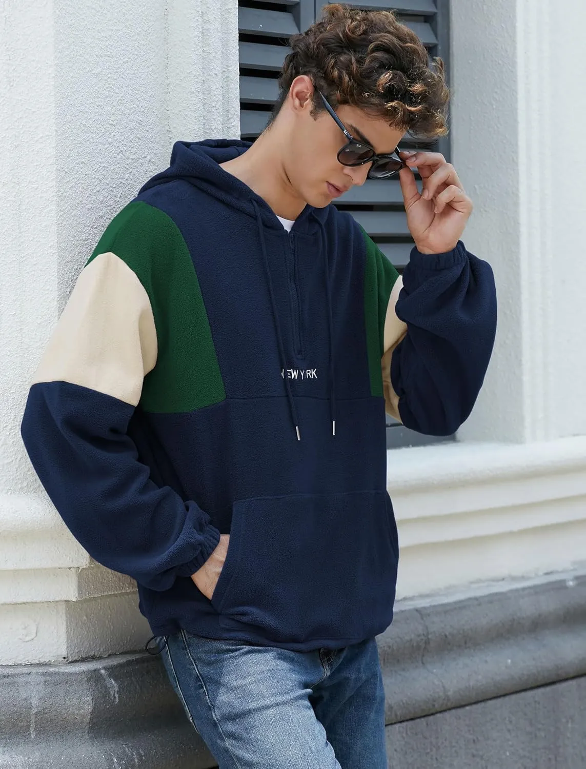 ZAFUL Men's Colorblock Sweatshirt NEW YORK Embroidery Fluffy Polar Fleece Half Zip Unisex Hooded Sweatshirt
