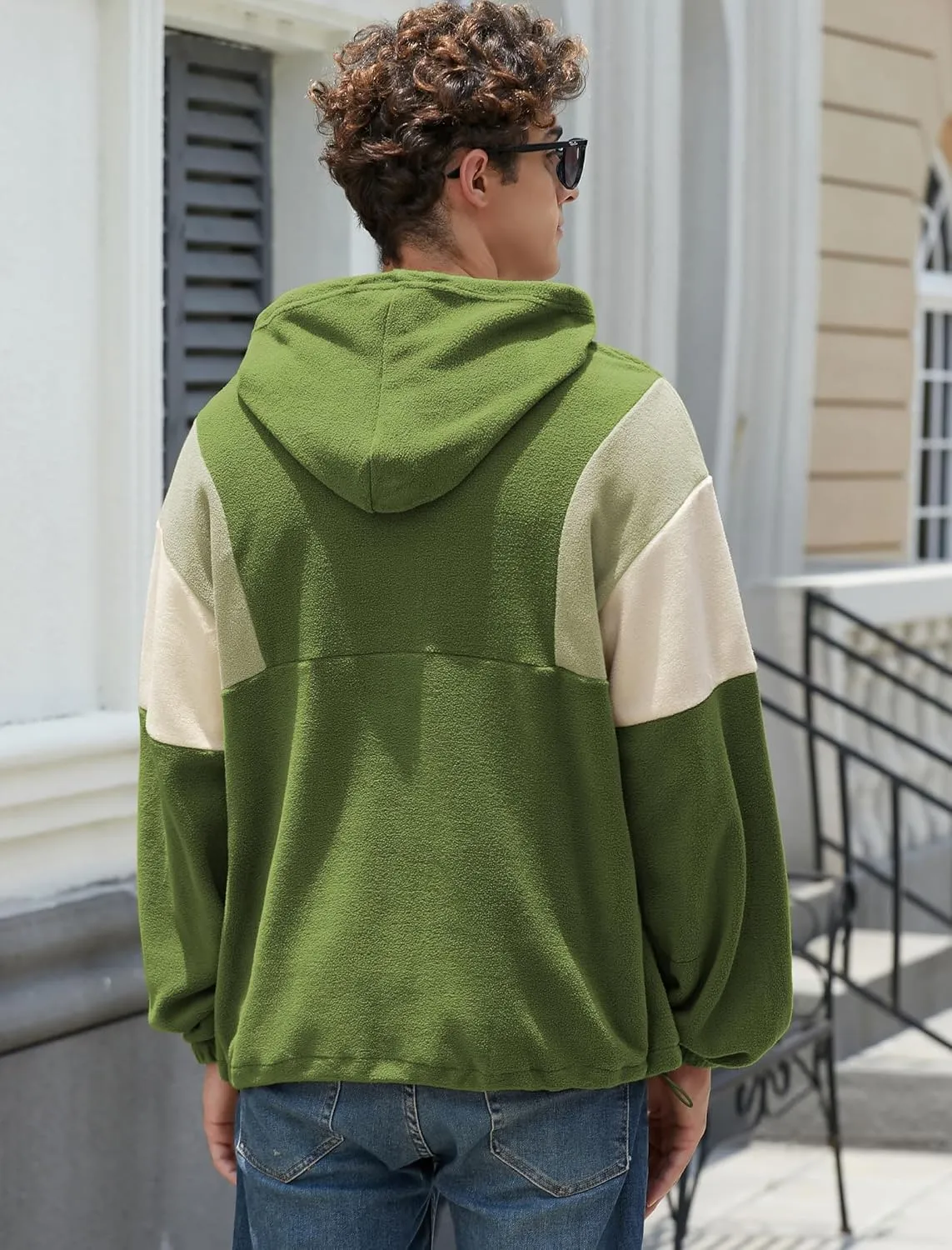 ZAFUL Men's Colorblock Sweatshirt NEW YORK Embroidery Fluffy Polar Fleece Half Zip Unisex Hooded Sweatshirt