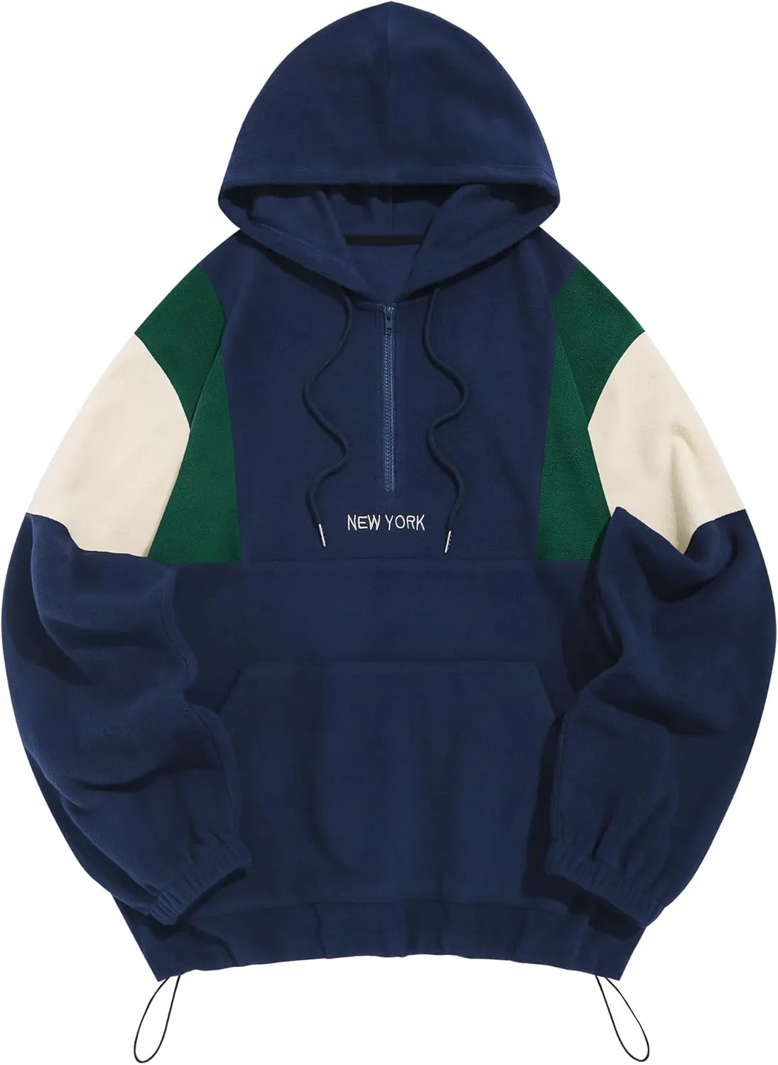 ZAFUL Men's Colorblock Sweatshirt NEW YORK Embroidery Fluffy Polar Fleece Half Zip Unisex Hooded Sweatshirt
