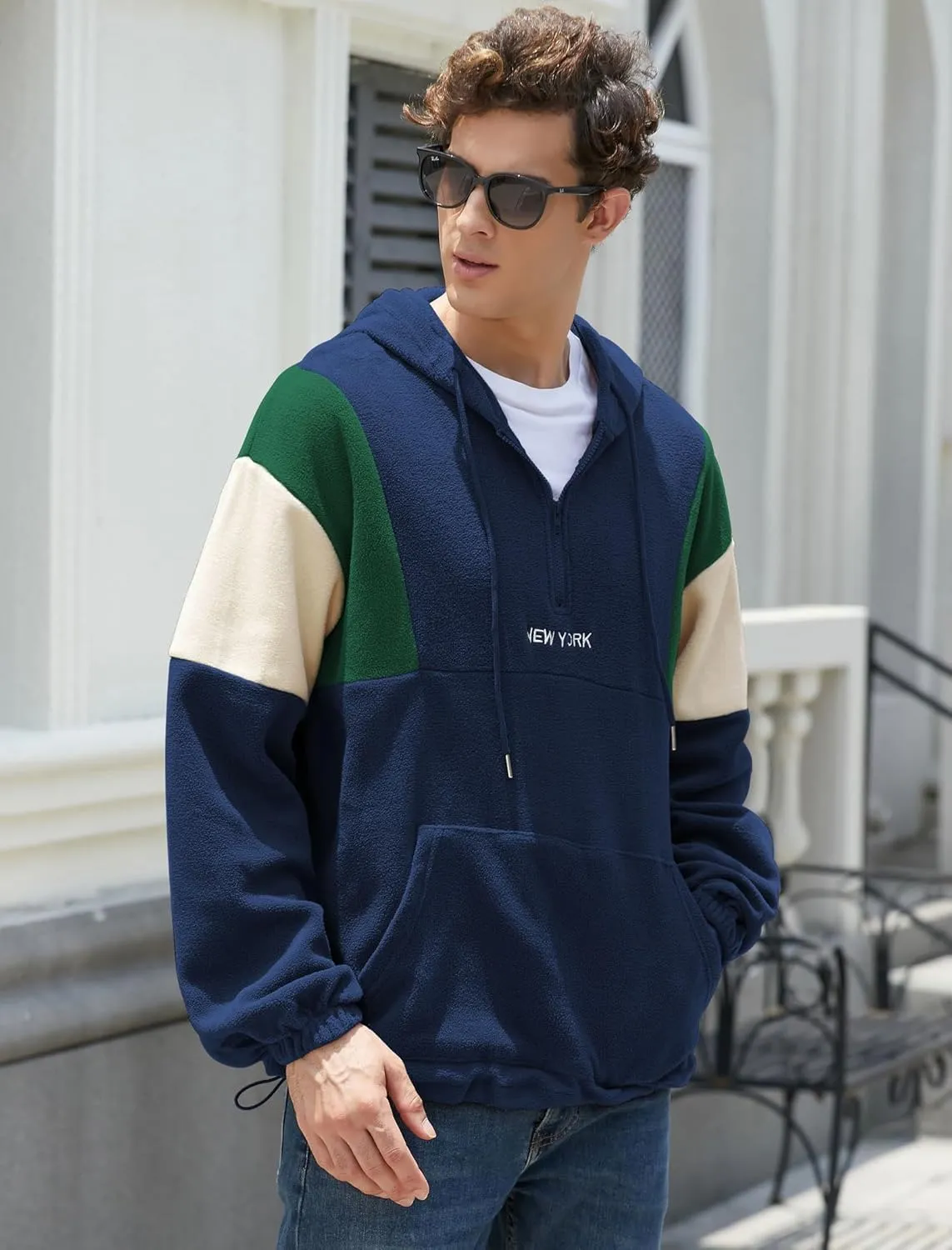 ZAFUL Men's Colorblock Sweatshirt NEW YORK Embroidery Fluffy Polar Fleece Half Zip Unisex Hooded Sweatshirt
