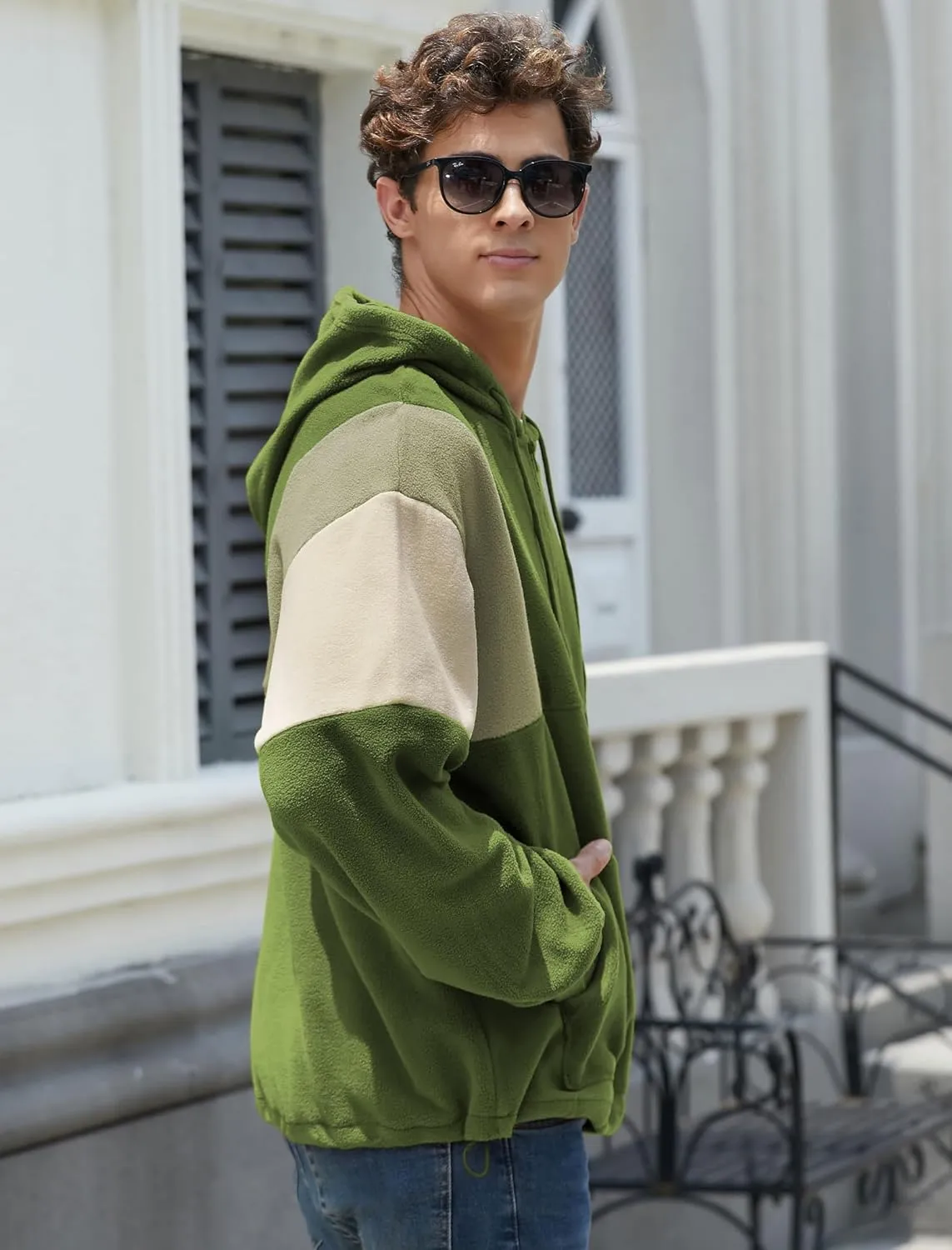 ZAFUL Men's Colorblock Sweatshirt NEW YORK Embroidery Fluffy Polar Fleece Half Zip Unisex Hooded Sweatshirt