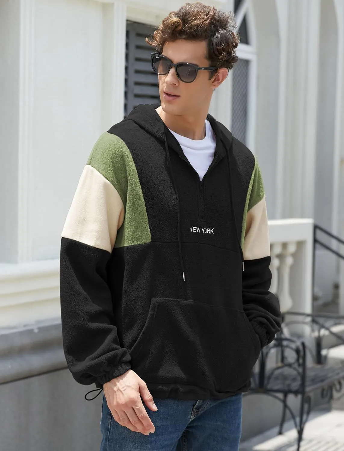 ZAFUL Men's Colorblock Sweatshirt NEW YORK Embroidery Fluffy Polar Fleece Half Zip Unisex Hooded Sweatshirt
