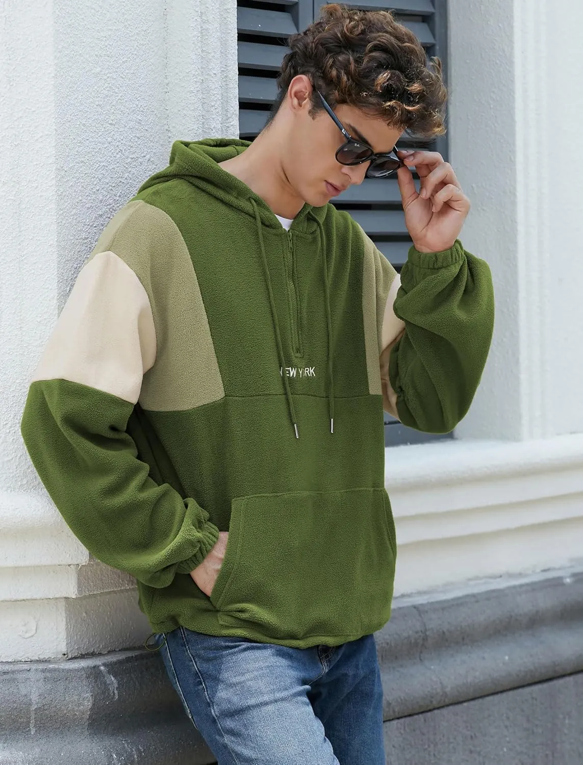 ZAFUL Men's Colorblock Sweatshirt NEW YORK Embroidery Fluffy Polar Fleece Half Zip Unisex Hooded Sweatshirt