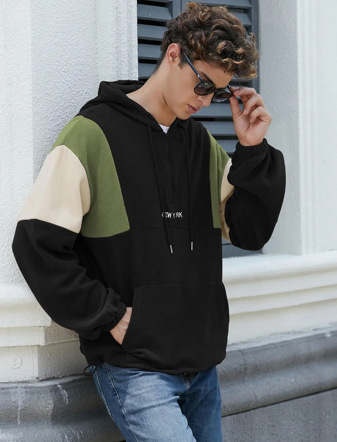 ZAFUL Men's Colorblock Sweatshirt NEW YORK Embroidery Fluffy Polar Fleece Half Zip Unisex Hooded Sweatshirt