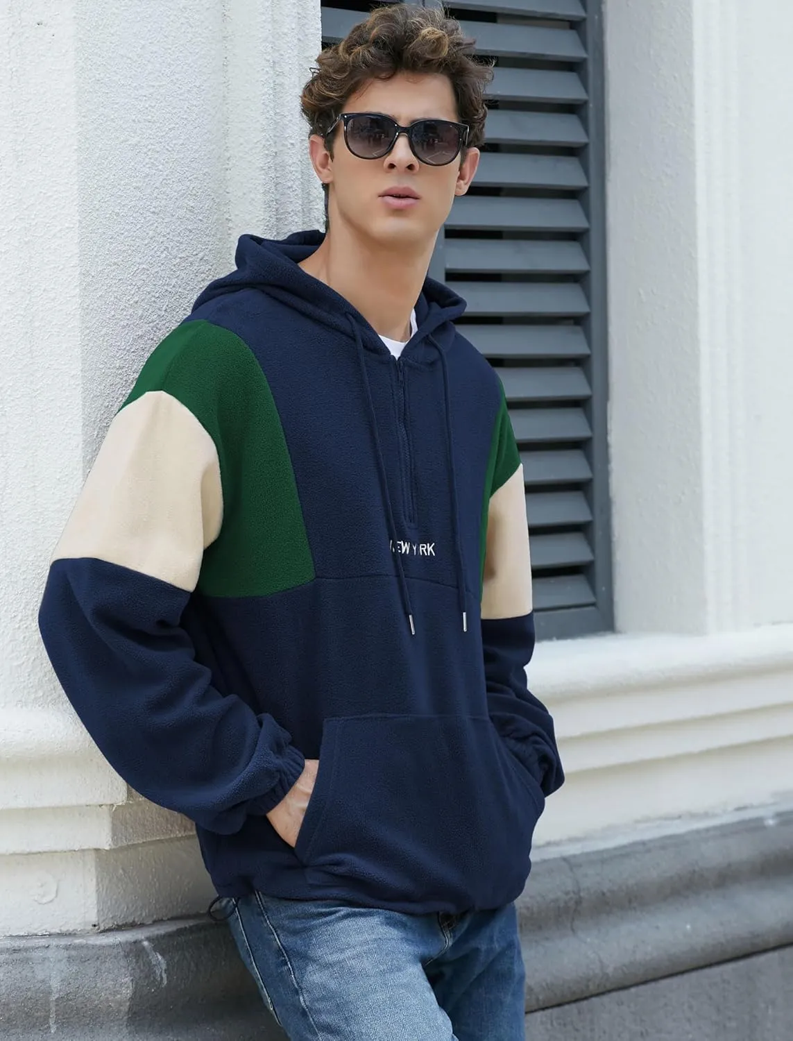 ZAFUL Men's Colorblock Sweatshirt NEW YORK Embroidery Fluffy Polar Fleece Half Zip Unisex Hooded Sweatshirt
