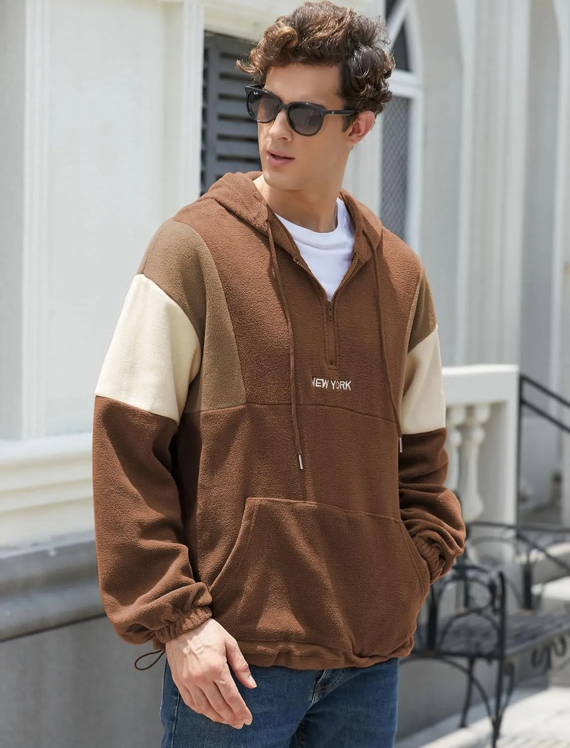 ZAFUL Men's Colorblock Sweatshirt NEW YORK Embroidery Fluffy Polar Fleece Half Zip Unisex Hooded Sweatshirt