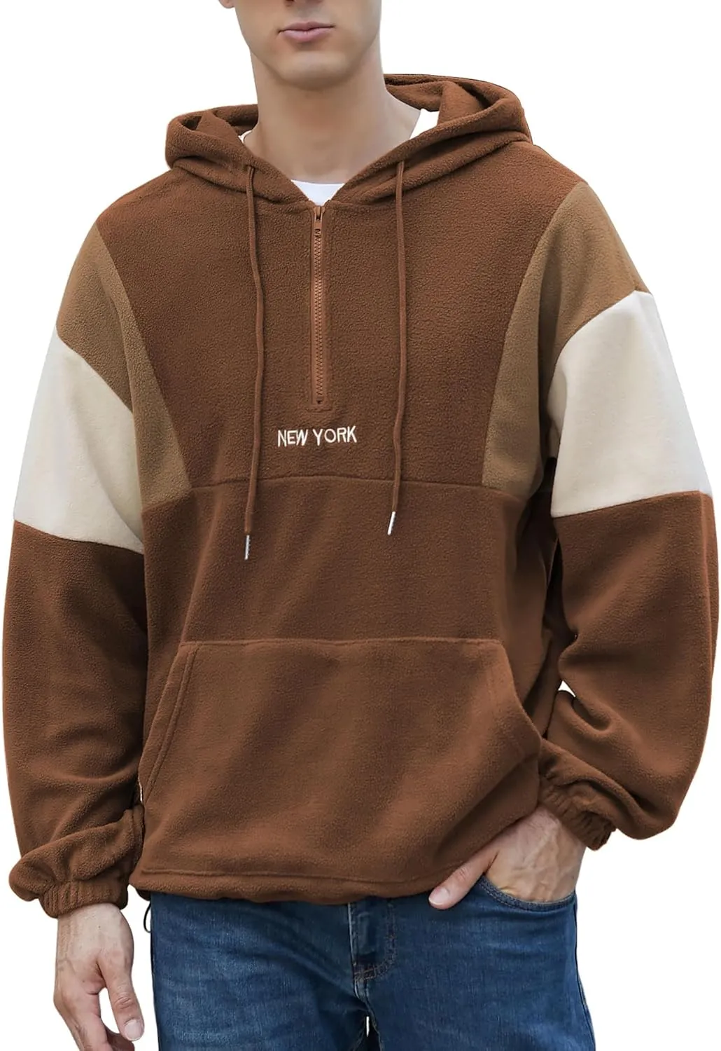 ZAFUL Men's Colorblock Sweatshirt NEW YORK Embroidery Fluffy Polar Fleece Half Zip Unisex Hooded Sweatshirt