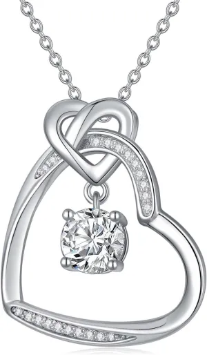 ZBA Natural Diamond Infinity Heart Necklace for Women, 14K White Gold Plated Sterling Silver Heart Pendant Necklace, Birthday Mothers Day Christmas Gifts for Her Mom Wife(Color F-G/Clarity SI1-I2)