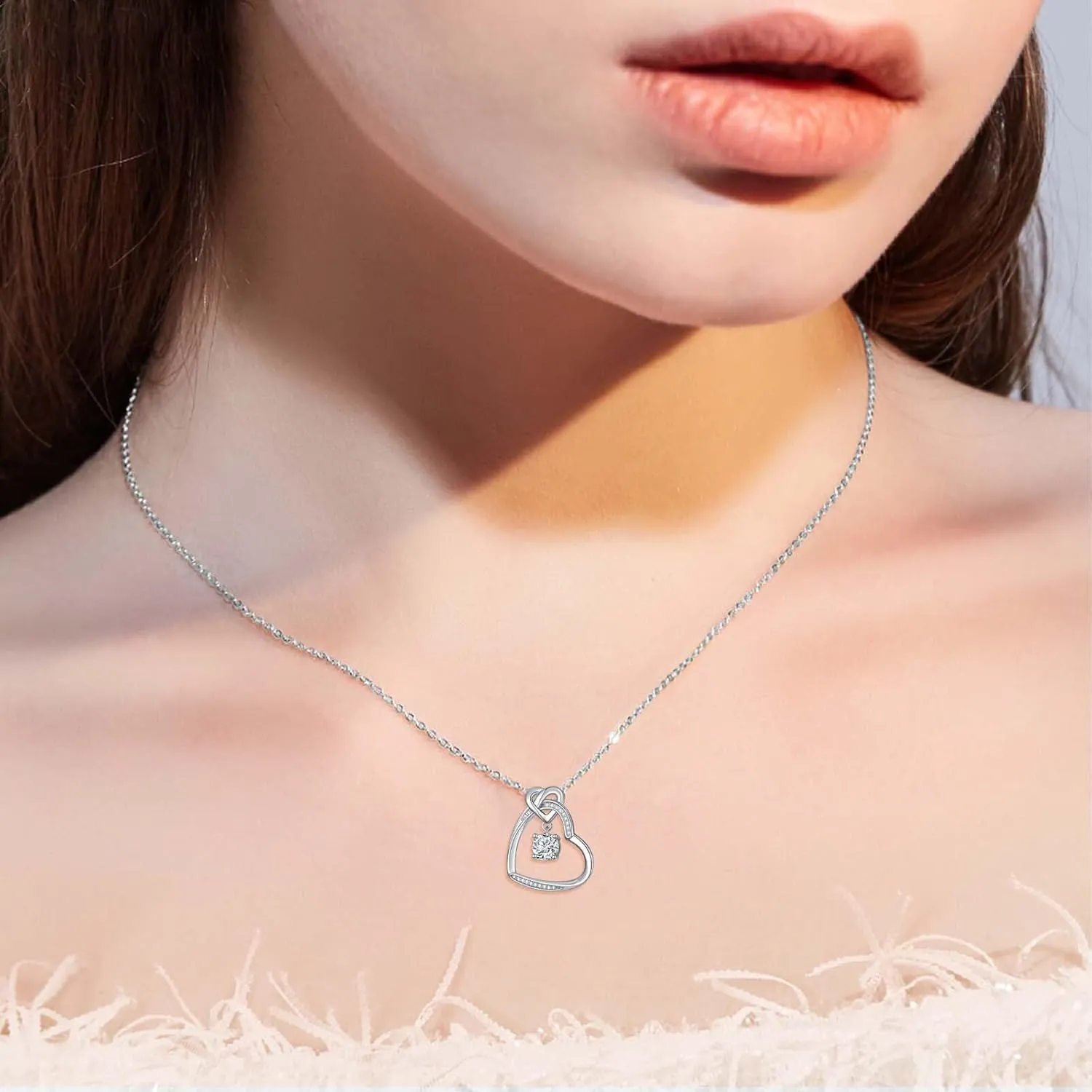 ZBA Natural Diamond Infinity Heart Necklace for Women, 14K White Gold Plated Sterling Silver Heart Pendant Necklace, Birthday Mothers Day Christmas Gifts for Her Mom Wife(Color F-G/Clarity SI1-I2)