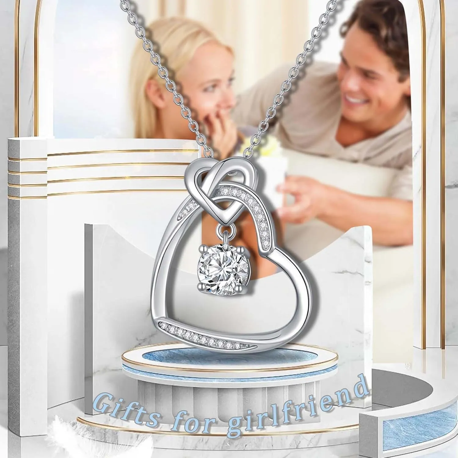 ZBA Natural Diamond Infinity Heart Necklace for Women, 14K White Gold Plated Sterling Silver Heart Pendant Necklace, Birthday Mothers Day Christmas Gifts for Her Mom Wife(Color F-G/Clarity SI1-I2)