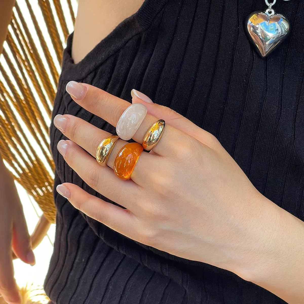 ZMANYIJEW Chunky Gold Rings Set for Women 14K Thick Dome Statement Rings Stackable Finger Knuckle Open Rings Punk Vintage Jewelry